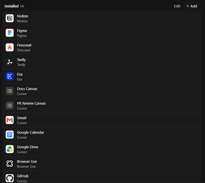 설치된 MCP 목록 — Notion, Figma, Firecrawl, Tavily, Exa, GitHub, Browser Use 등