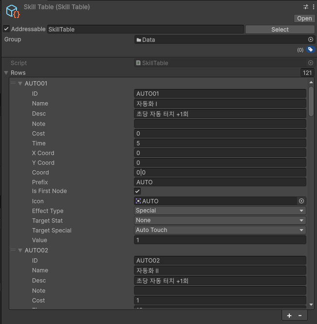 SkillTable 파싱된 ScriptableObject